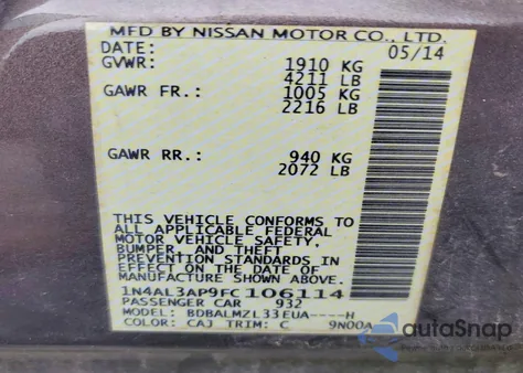 2015 Nissan Altima 2.5 z USA, uszkodzony, nr VIN 1N4AL3AP9FC106114